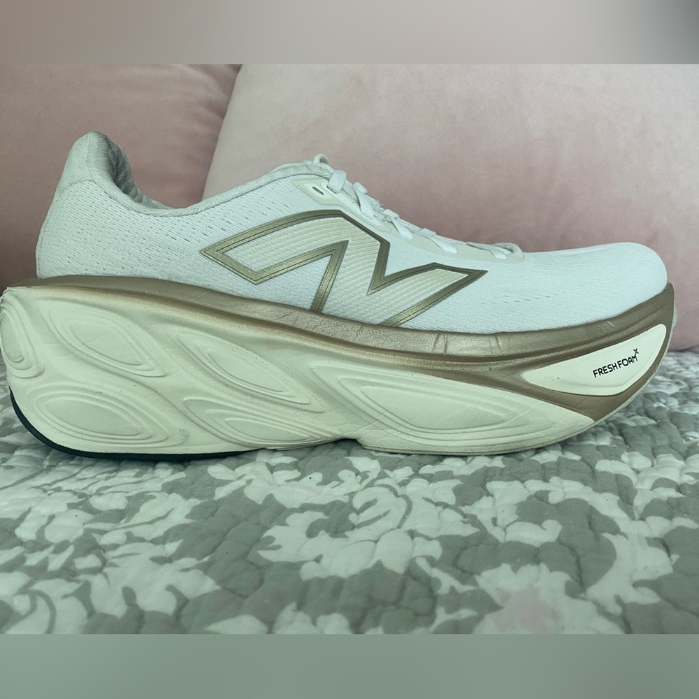 New Balance Fresh Foam x More v5 White and Gold Athletic Shoes